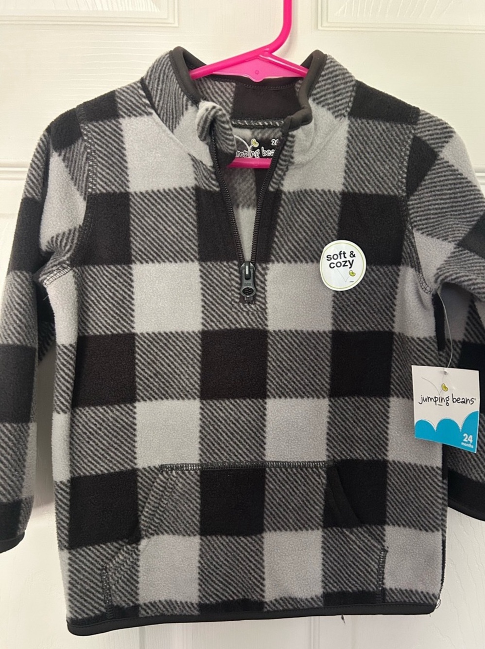 NWT - Jumping Beans, Buffalo Plaid Quarter-Zip Fleece Pullover Black & Gray, 24M
